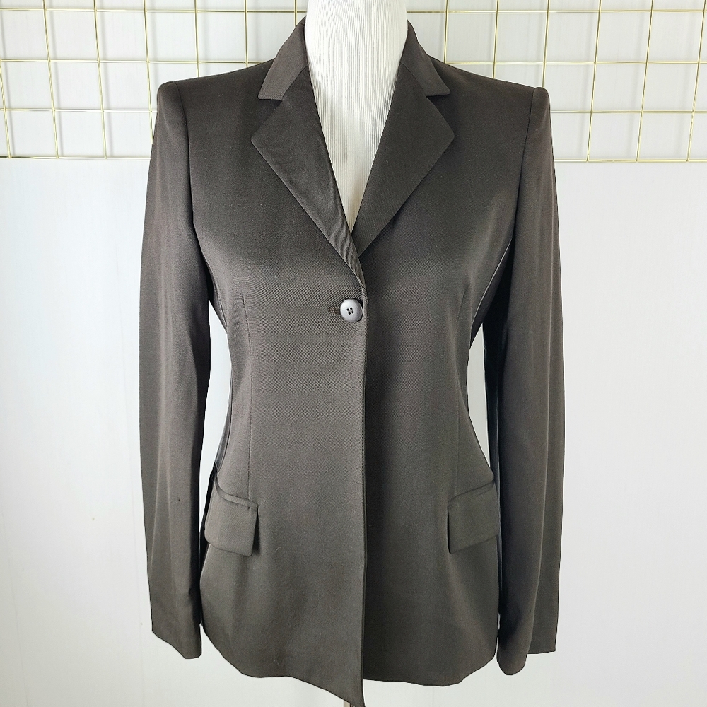Boss Hugo Boss Dark Brown Virgin Wool Genuine Leather Trim One-Button Blazer